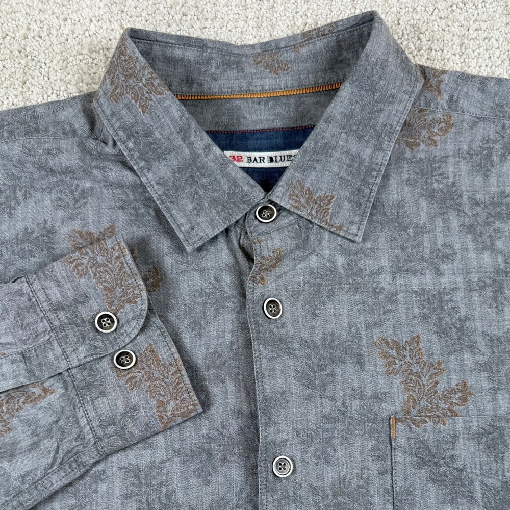 32 Bar Blues Mens XL Grey Floral Herringbone Long Sleeve Button Up Shirt